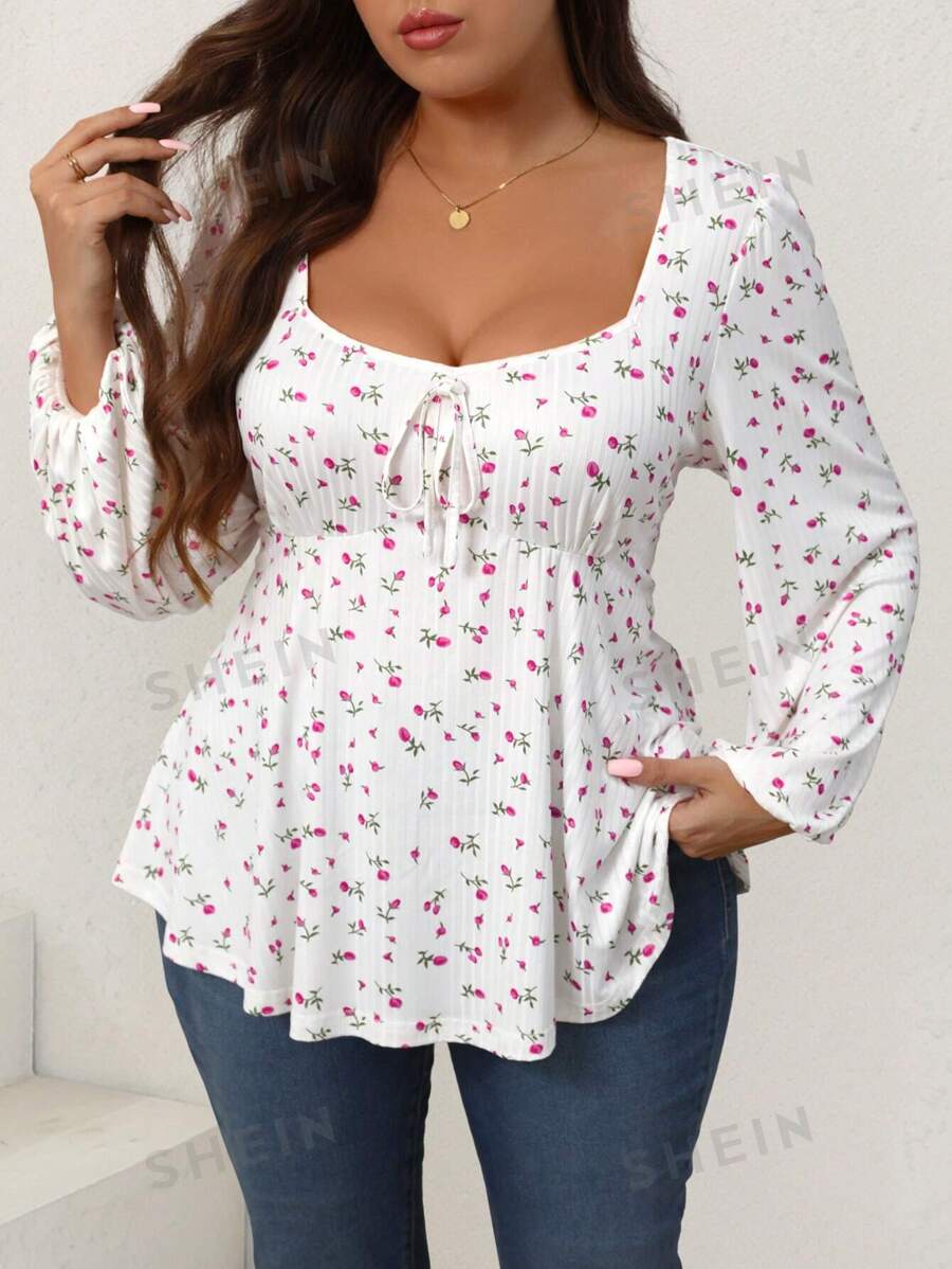 Celure Camiseta de manga larga con amarre en la parte delantera y estampado floral diminuto en todo el diseño, camisetas gráficas de uso diario casual para mujer para atuendos de primavera y uso en Pascua, tallas grandes
