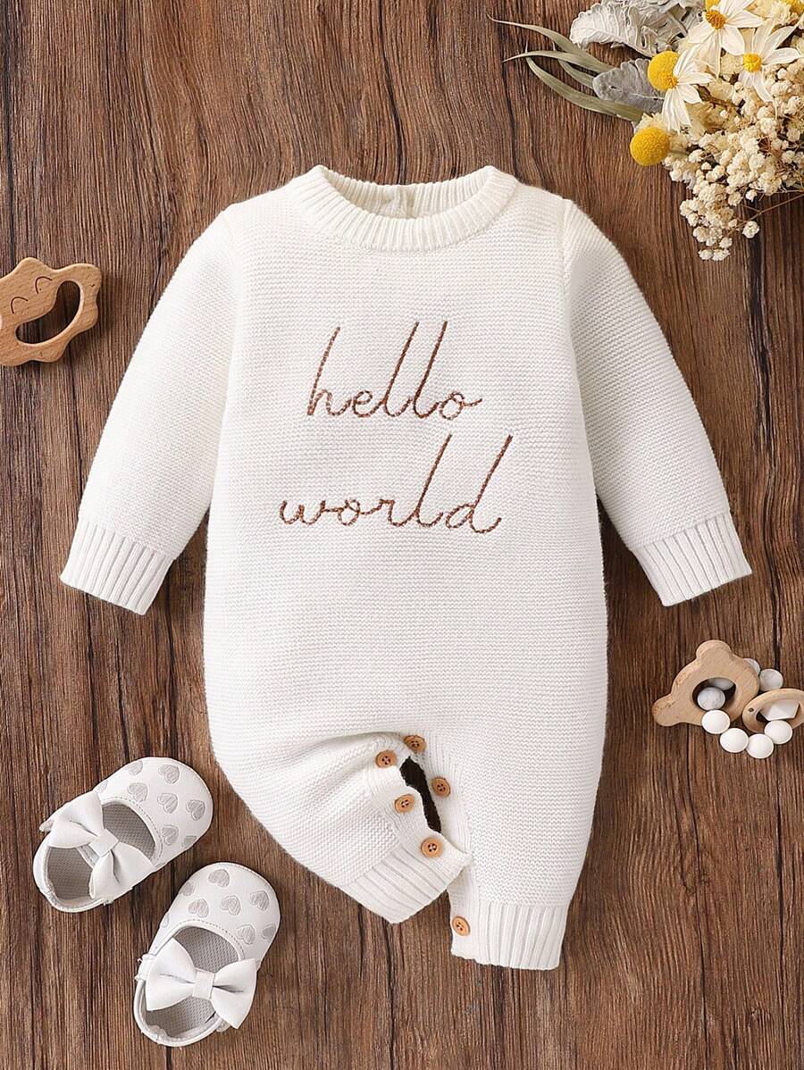 Pasgeboren babymeisjes romperset, modieuze eenvoudige lettergeborduurde trui met lange mouwen en lange broek, zachte gebreide jumpsuit