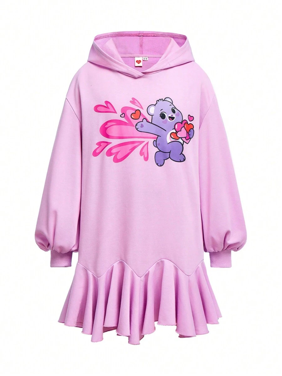 SHEIN X Care Bears Designer Tween Girl Casual Cute Bear & Heart Print Dropped Shoulder Oversize Ruffle Hem Hooded Dress