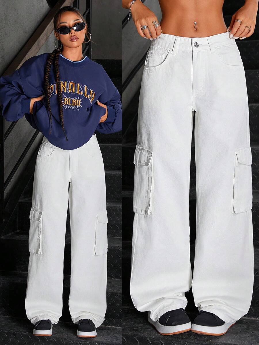 SHEIN ICON Jeans rectos de pierna simplificada con múltiples bolsillos y botón delantero en un estilo lavado sencillo