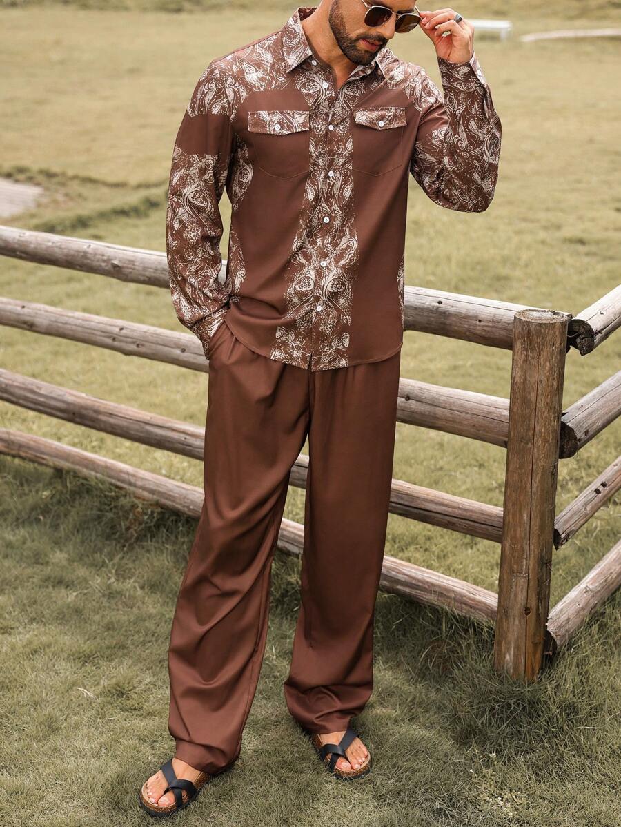 Manfinity RSRT 2pcs Men's Front Button Long Sleeve Printed Casual Shirt And Trousers Vacation Outfit Set ,Men Two Pieces Outfits ,Western Cowboy-Themed Printed Long-Sleeve Shirt And Pants Set In Brown ,Brown Pants