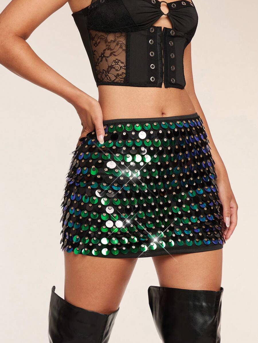 Glamine Summer Fits Fashionable Sequins, High Waisted, Sexy, Buttocks Wrapped, One Piece Skirt With Size Beads, Slim Fitting Skirt, Women's Half Body Mini Skirt