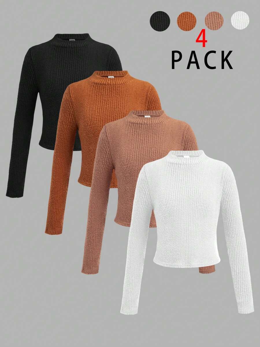 SHEIN Girlism Tween Girl Knitted Pit Striped Stand-Up Collar Bottoming Long-Sleeved Four-Piece Suit, Suitable For Autumn, Winter And Early Spring