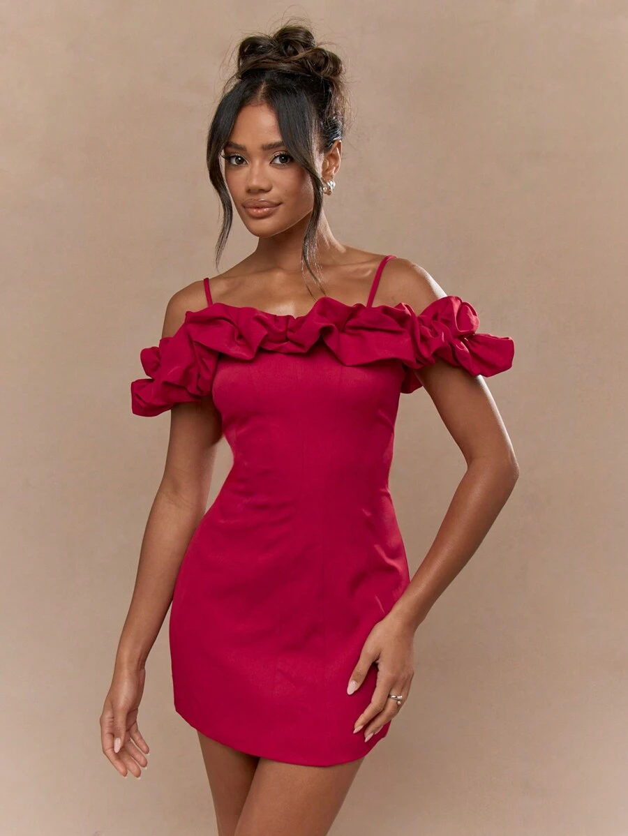 MISSGUIDED Boho Tailored Balloon Ruffle Spaghetti Strap Pleat Stitch Tulip Mini Dress