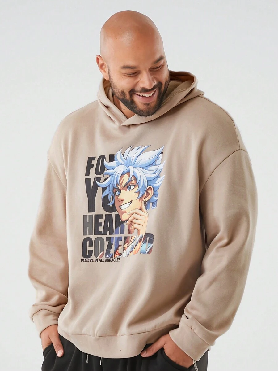 Manfinity NXTstreet Plus Size Men's Loose Fit Cartoon Character & Letter Printed Hoodie Sweatshirt