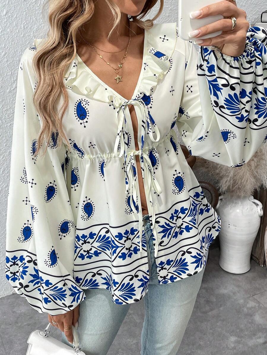 SHEIN Clasi Blusa con manga larga, estampado floral, volantes y cordones delanteros, uso casual
