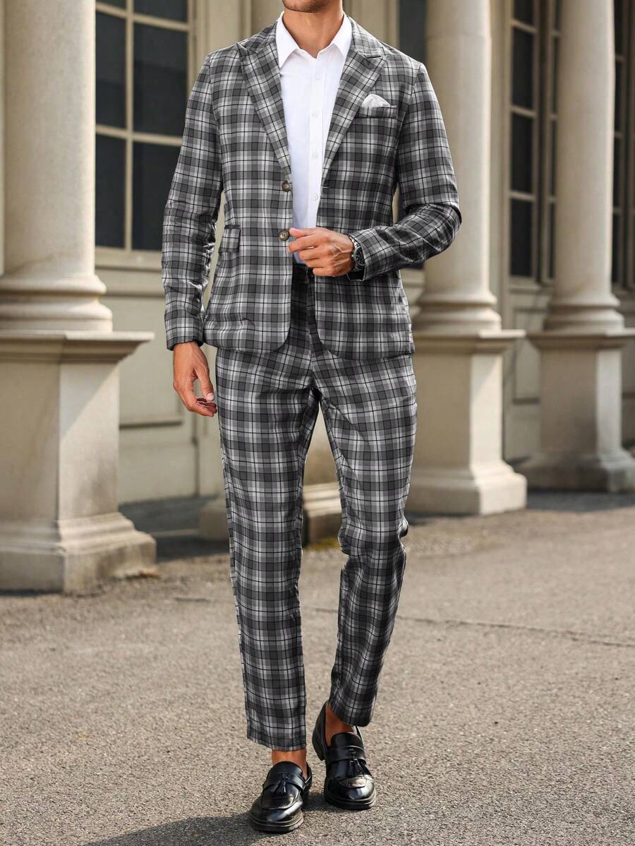 Manfinity Mode 2 piezas Conjunto de traje a cuadros de manga larga para hombre (chaqueta y pantalones)