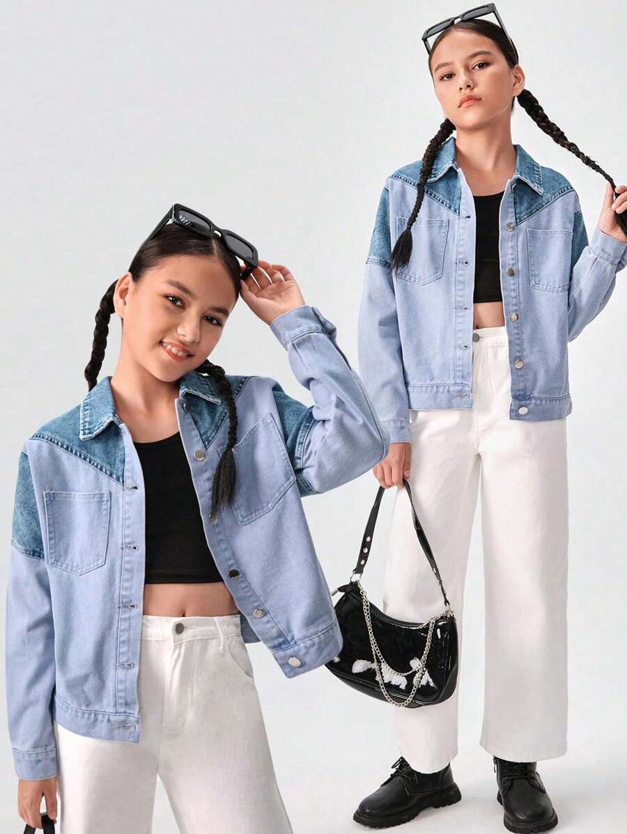 SHEIN Jaqueta jeans solta com contraste de cores e estilo de rua para meninas adolescentes