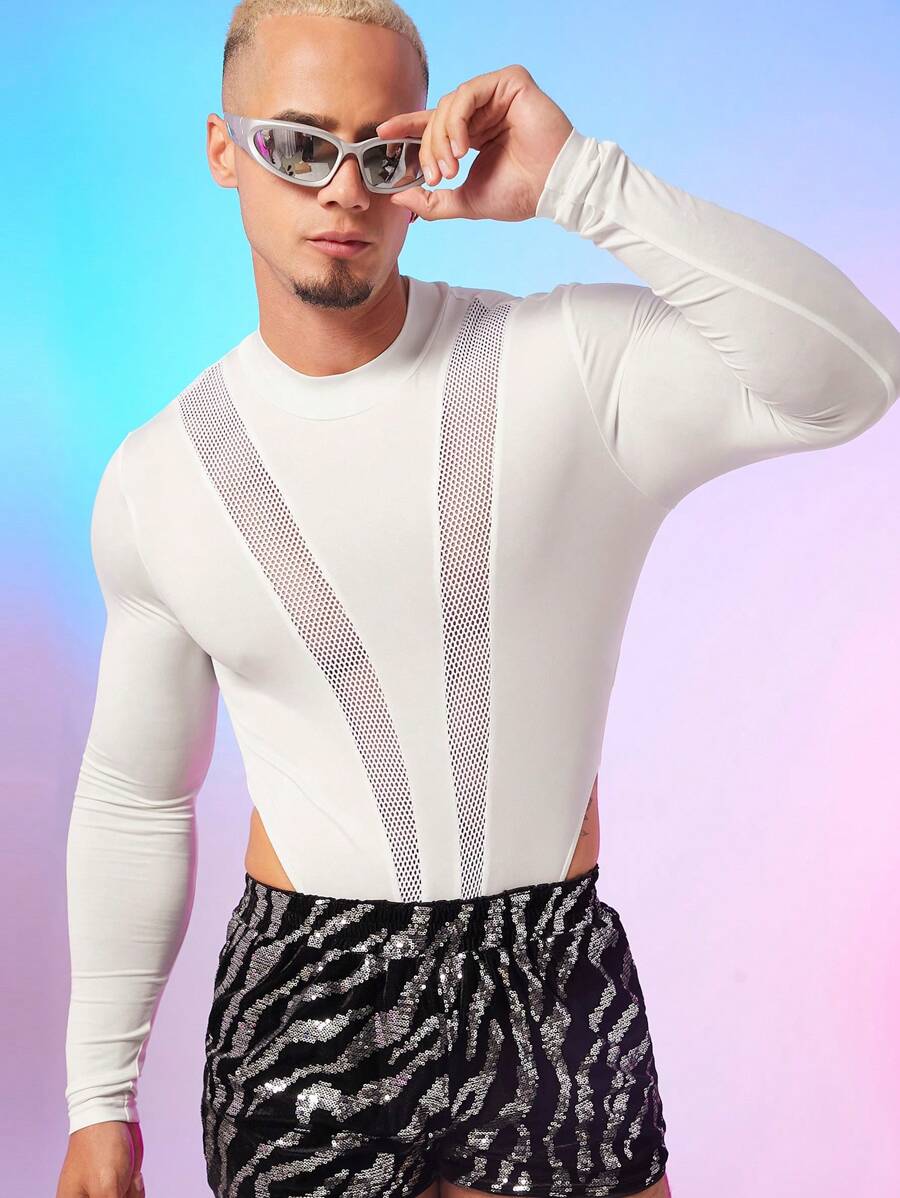 FeverCity Men's Sexy Mesh Insert Skinny Jumpsuit