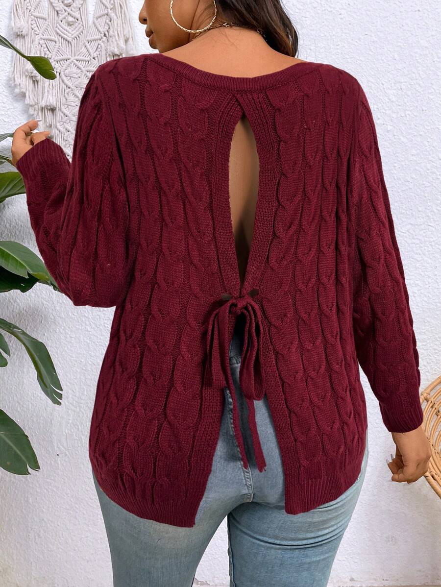 Calvaya Plus Size Women's Solid Color Simple Everyday Pullover Sweater With Back Ribbon Tie