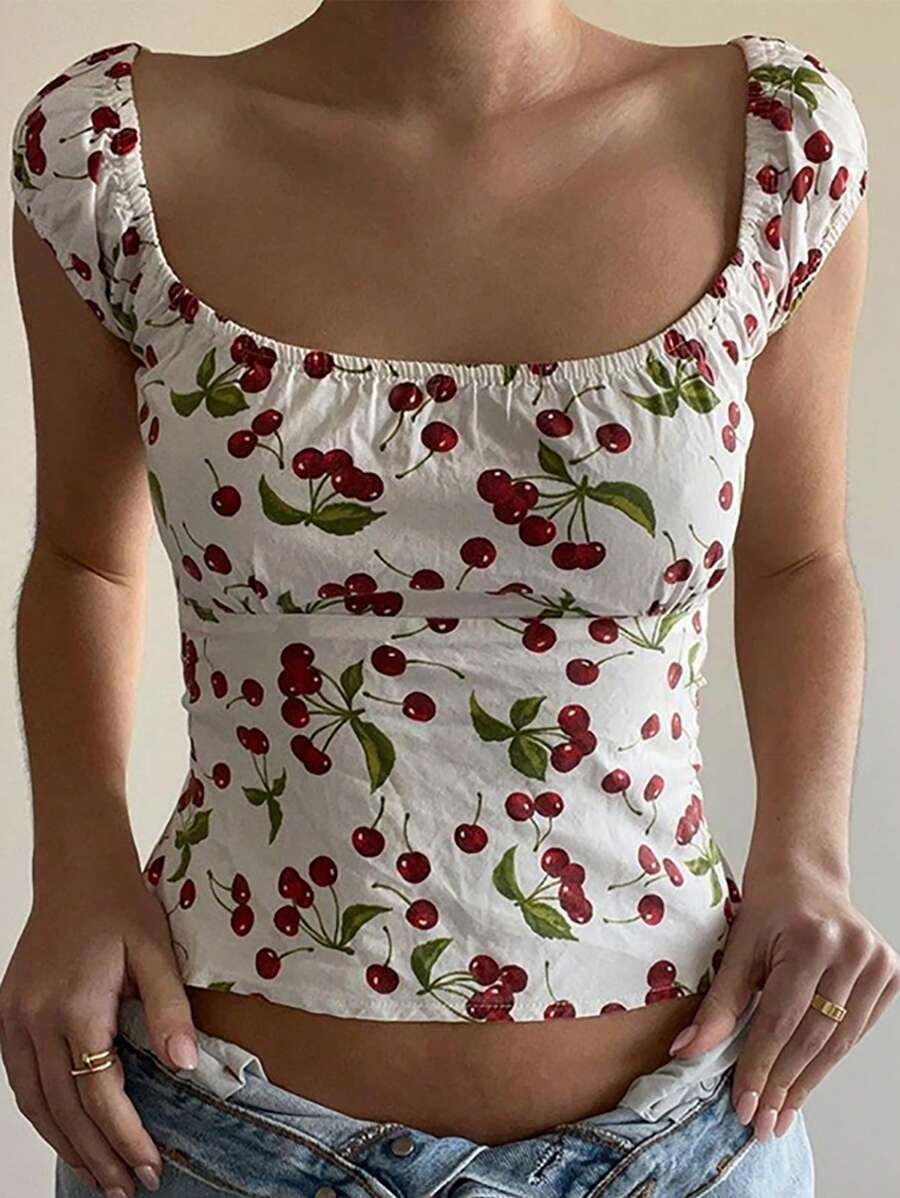 INAWLY Women's Casual Cherry Pattern Printed Blouse For Summer