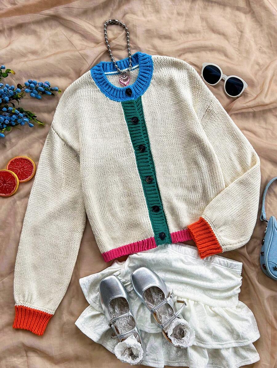 Soleia Women's Colorblock Cardigan Sweater For Vacation, Apricot Stitching,Thanksgiving Women Outfit,Fall&Winter Clothes,Halloween Women Costume,Christmas Women Clothes,City Break Outfits,Hippie Clothes,Going Out Top,Homecoming Clothes,Jersey Shirt