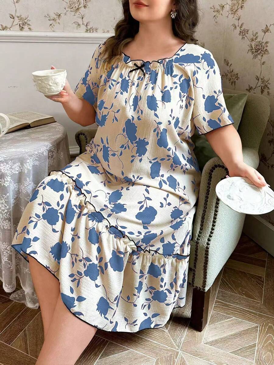 CottageSlumber Camisón de mujer talla grande con estampado floral arrugado, volantes y manga corta holgada, para vacaciones