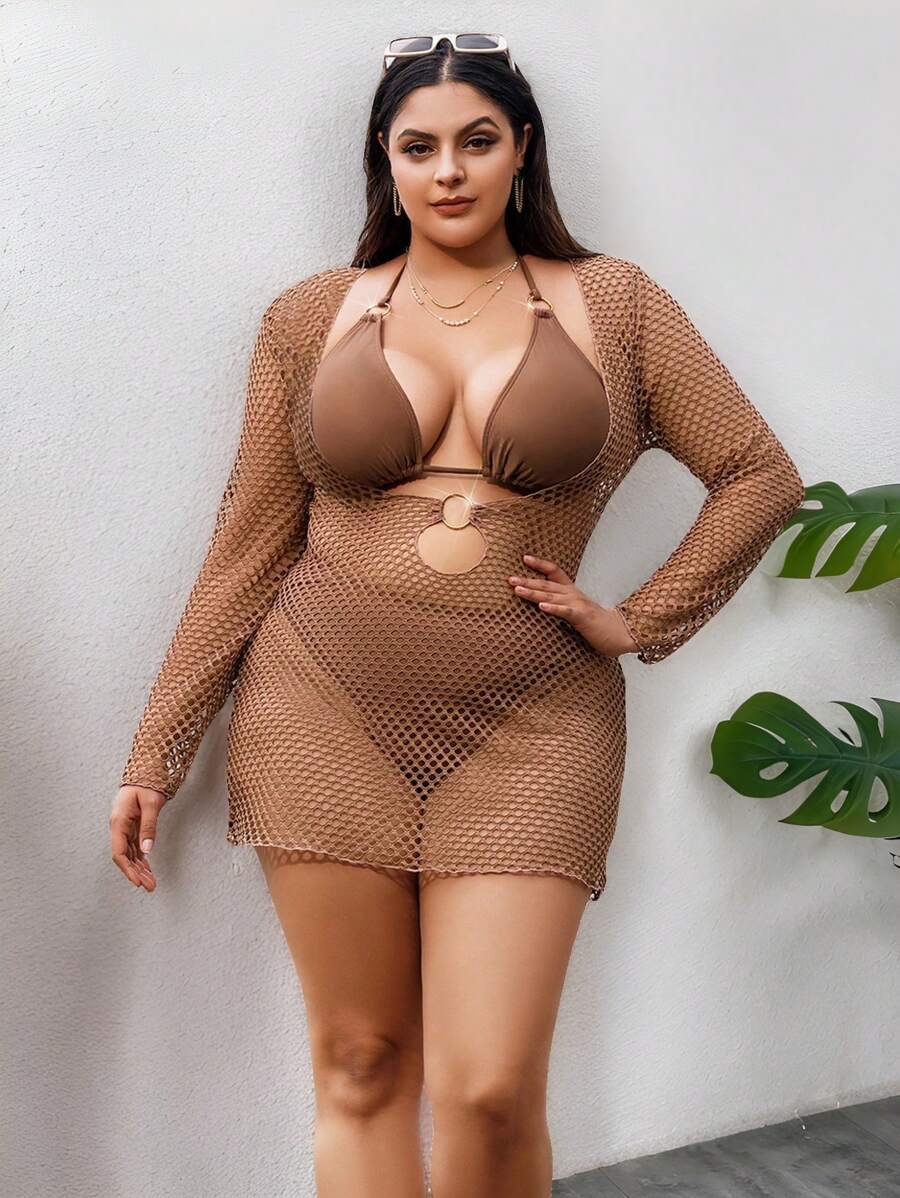 Swim SXY Summer Beach Plus Size Halter Bra & Bikini Bottom Bikini Set With Cover Up Bathing Suit