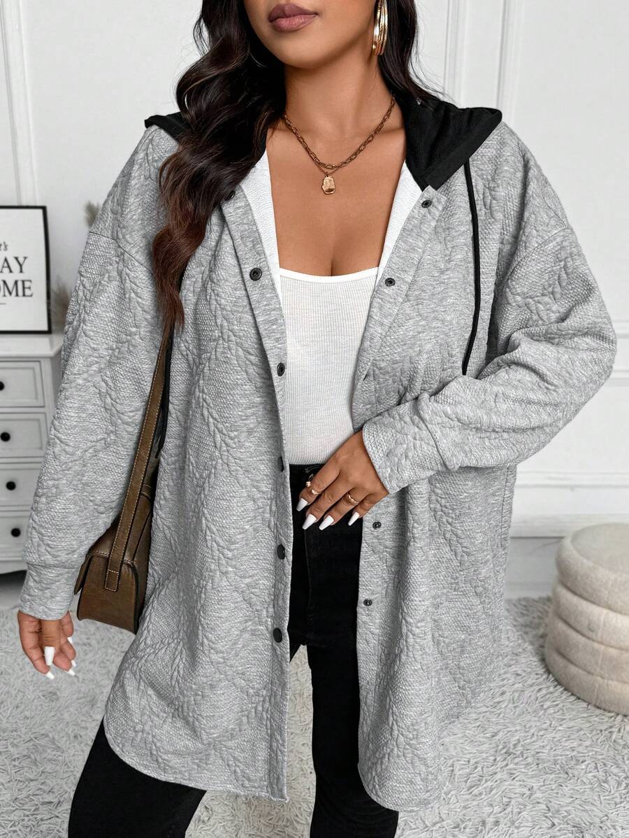 SHEIN LUNE Plus Size Textured Contrast Hooded Casual Jacket For Outdoor & Home Wear