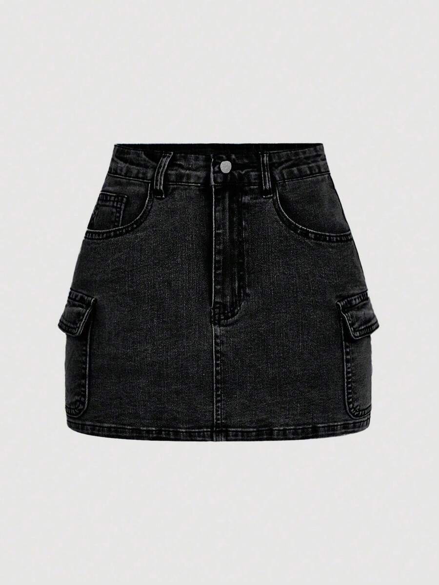 SHEIN MOD Minifalda de mezclilla informal con bolsillos tipo cargo para mujeres