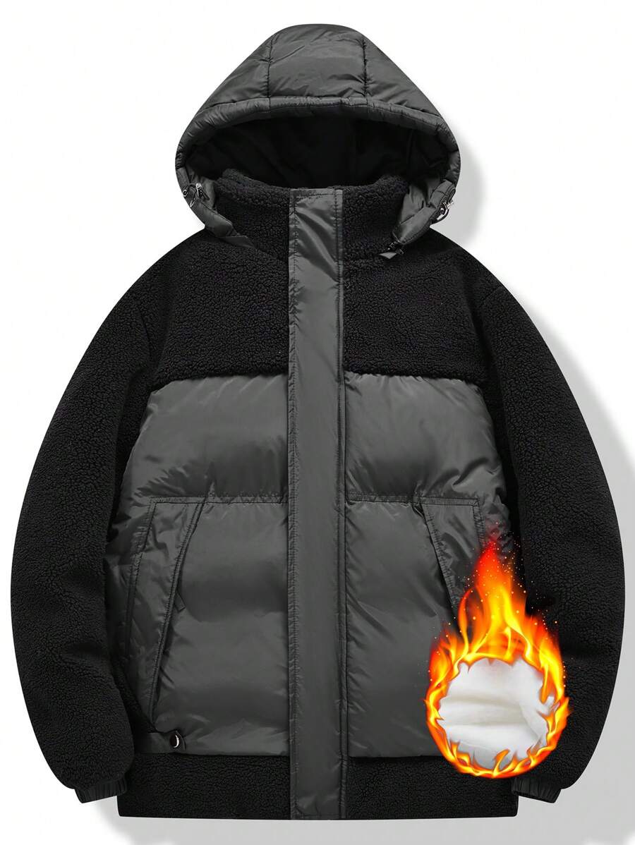 Manfinity Homme Men's Reversible Padded Coat With Detachable Fluffy Trim Hood, Going Out Warm Casual Color Block Winter Coat, For Friends, Husband, Boyfriend Gifts