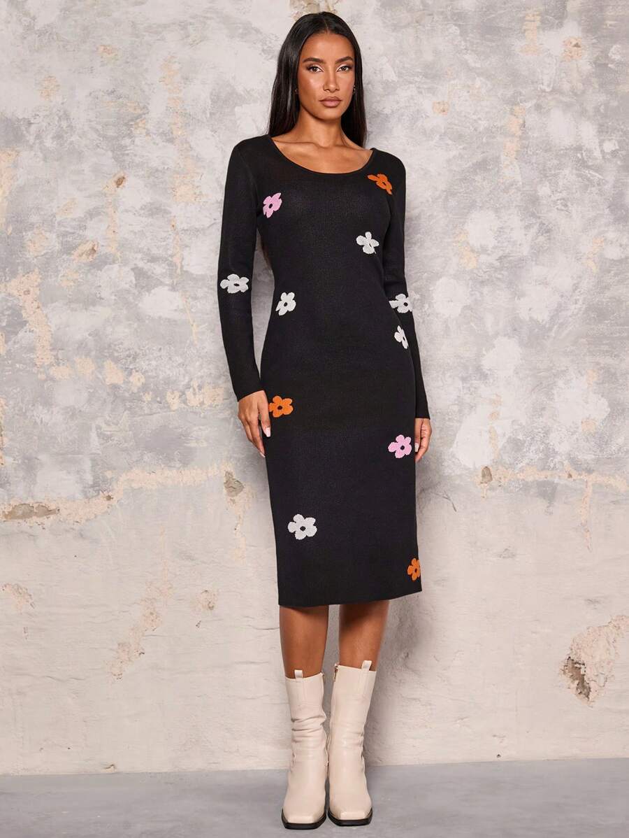 Glamine Women's Ditsy Floral Crew Neck Long Sleeve Sweater Dress
