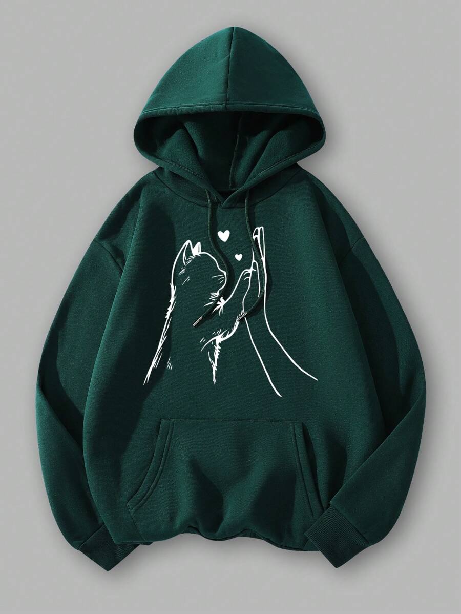 Flirla Women's Casual Cat Paw Print Pouch Pocket Drawstring Hooded Sweatshirt