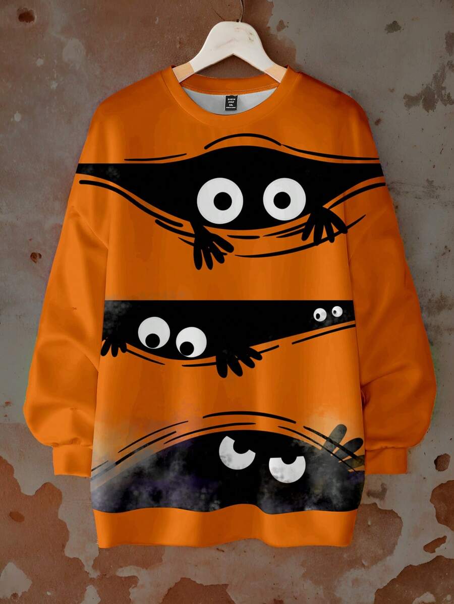 SHEIN LUNE Halloween Plus Size Women's Ghost Spider Orange Round Neck Loose Warm Sweater Pullover Suitable For Autumn And Winter