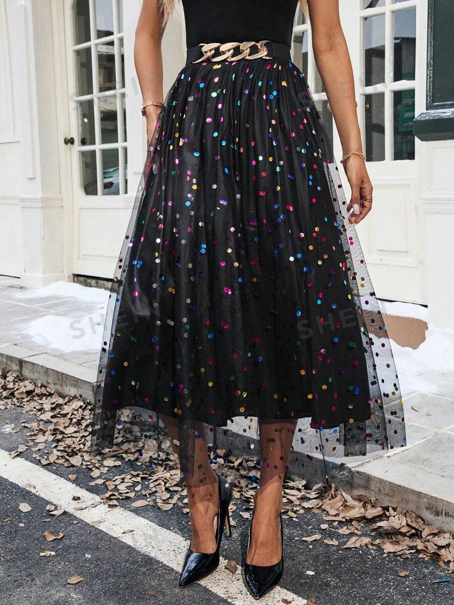 SHEIN Clasi Falda midi elegante de mujer con lunares de malla de colores, conjunto de mujer maxi de otoño