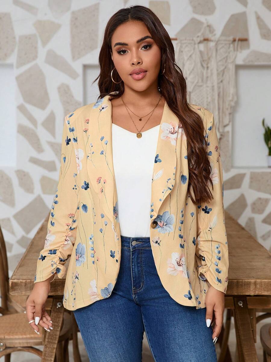 SHEIN LUNE Plus Size Women Floral Print Chiffon Casual Blazer Jacket With Shawl Collar