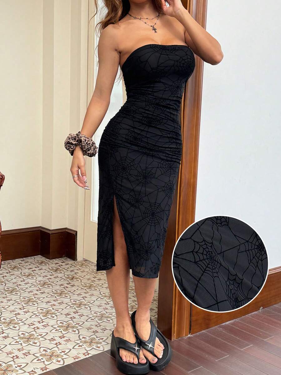 SHEIN EZwear Vestido ajustado sin tirantes de malla para Halloween