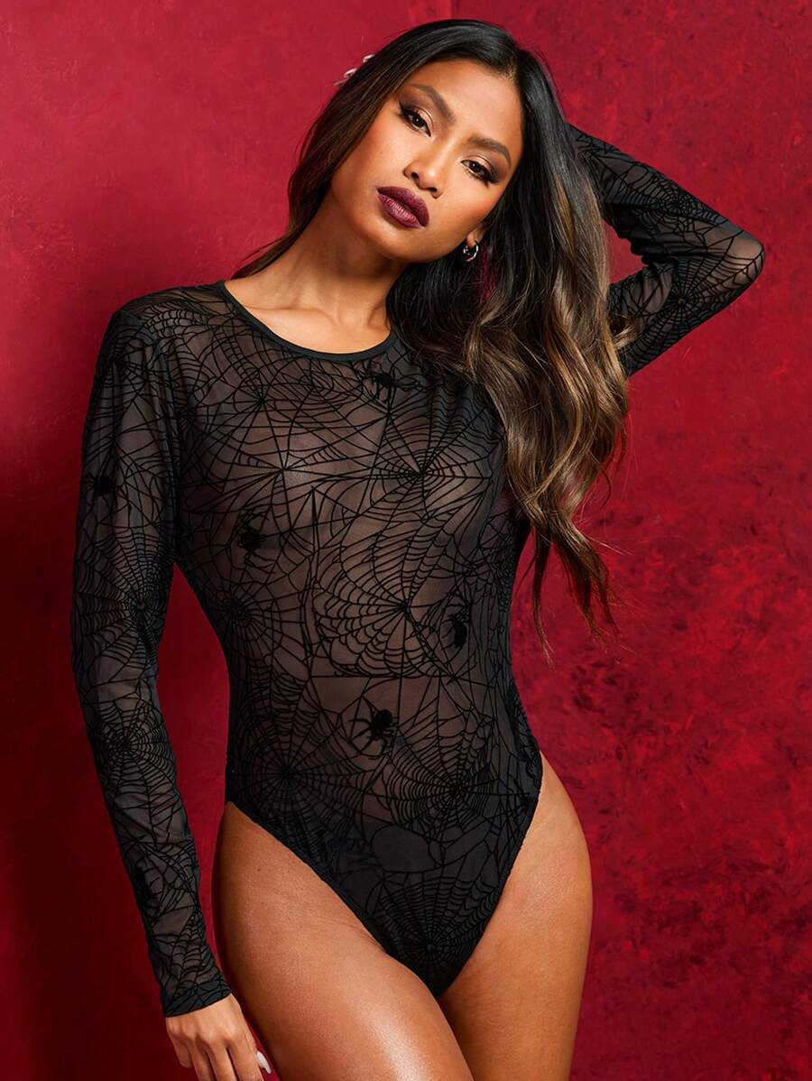 SHEIN SXY Holiday Party Banquet 1pc Women's See-Through Spiderweb Print Long Sleeve Bodysuit