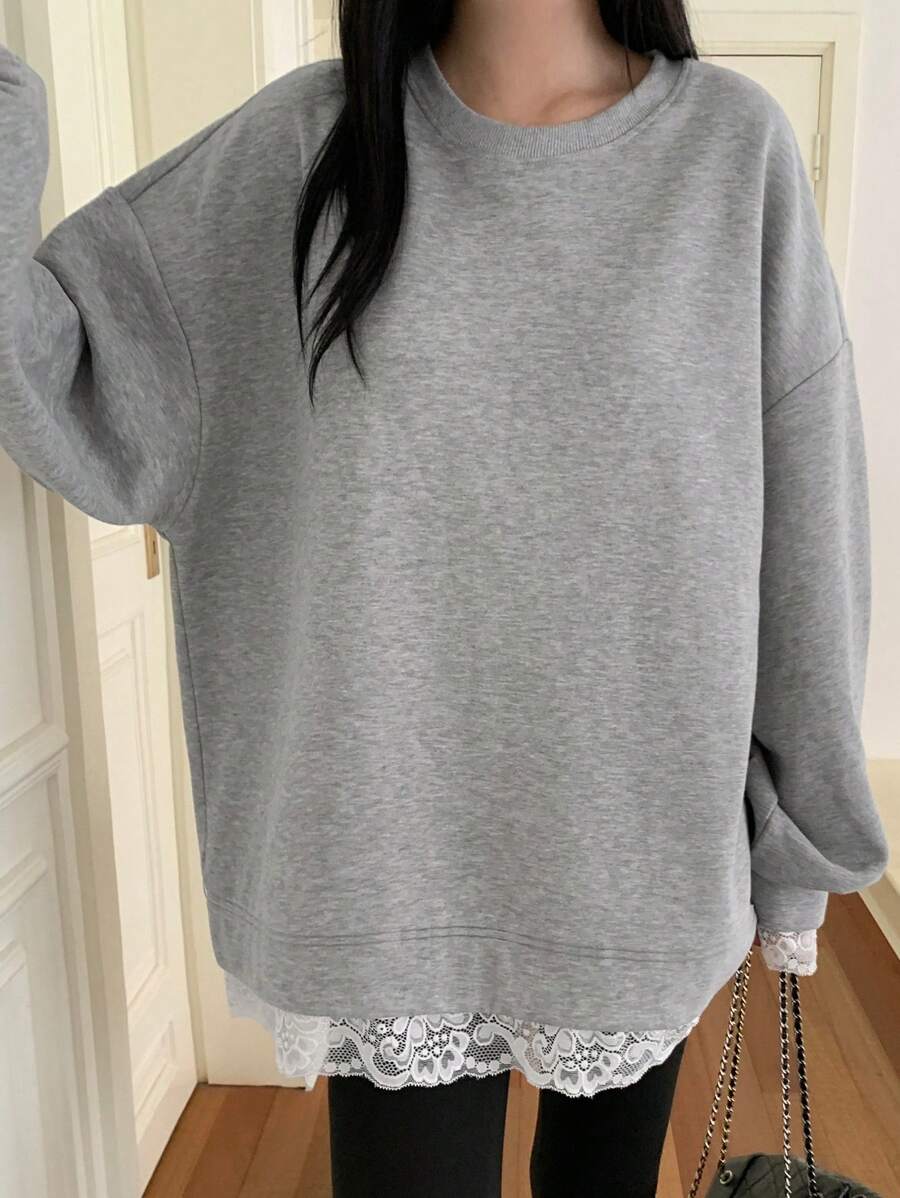 DAZY Women Casual Lace Patchwork Crew Neck Long Sleeve Sweatshirt,Fall Women Clothes