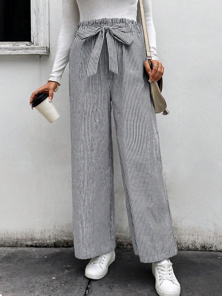 SHEIN LUNE Women's Casual High Waist Black & White Striped Pocket Wide Leg Pants