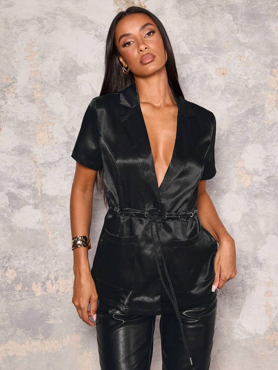 Glamine Blazer court à manches courtes à deux poches avec nœud à la taille, simple pour femmes