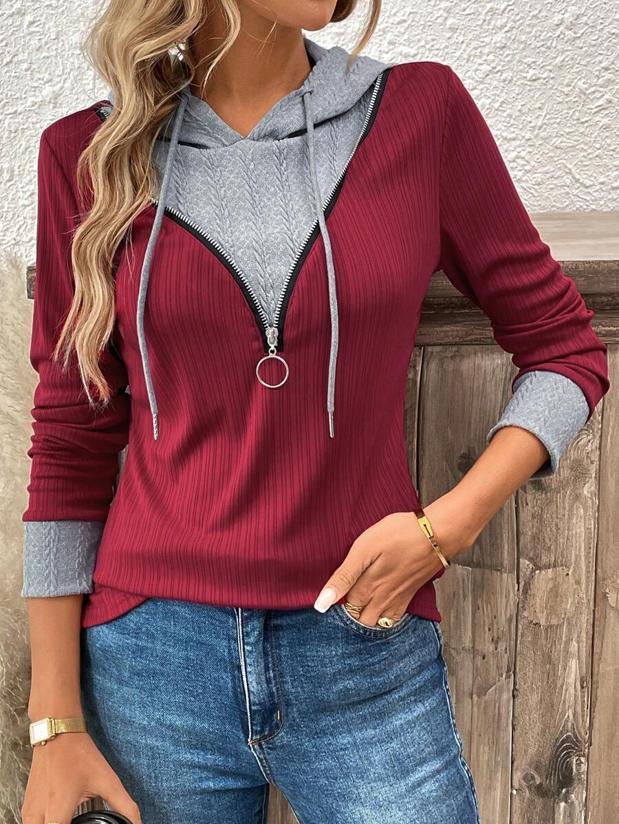 SHEIN LUNE Texture Splice Hooded Zip-Up Casual T-shirt voor dames