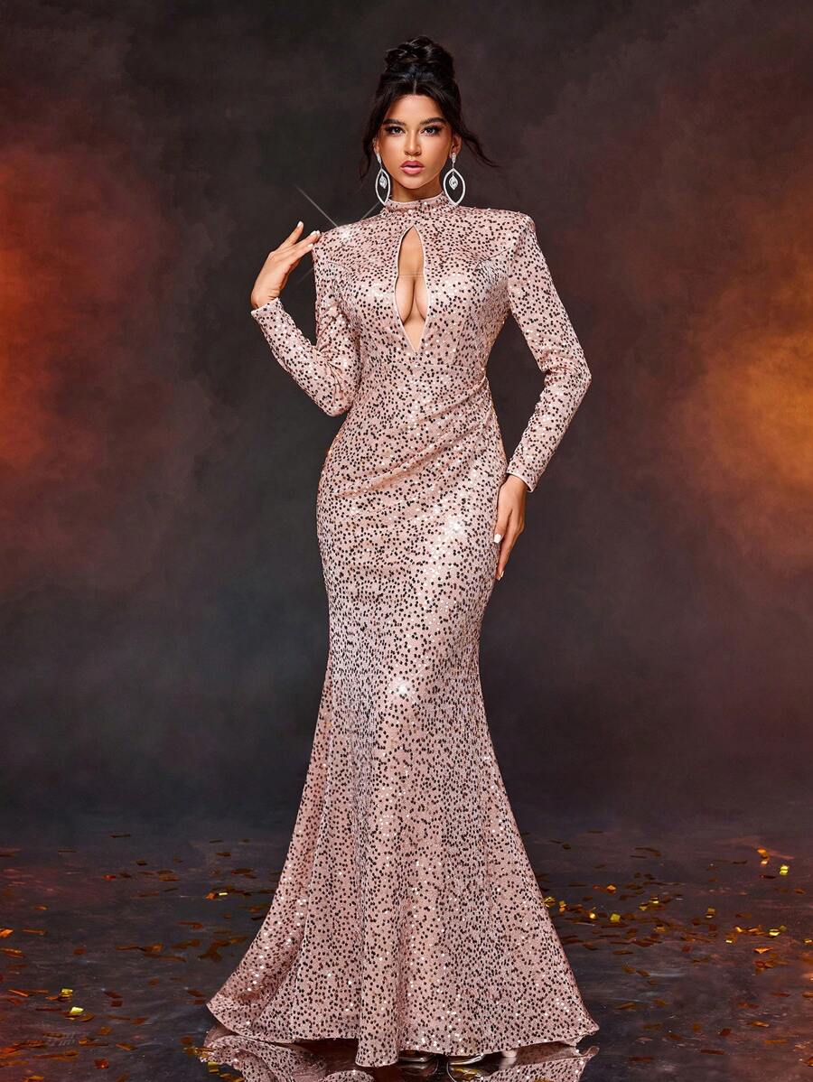 SHEIN Belle Elegant And Gorgeous Champagne Color Bright Sequins High Collar Chest Water Drop Hollow Long Sleeve Fishtail Type Gathered Hem Trailing Party Dinner Formal Evening Dress, Prom Gown, For Wedding Guest, Graduation