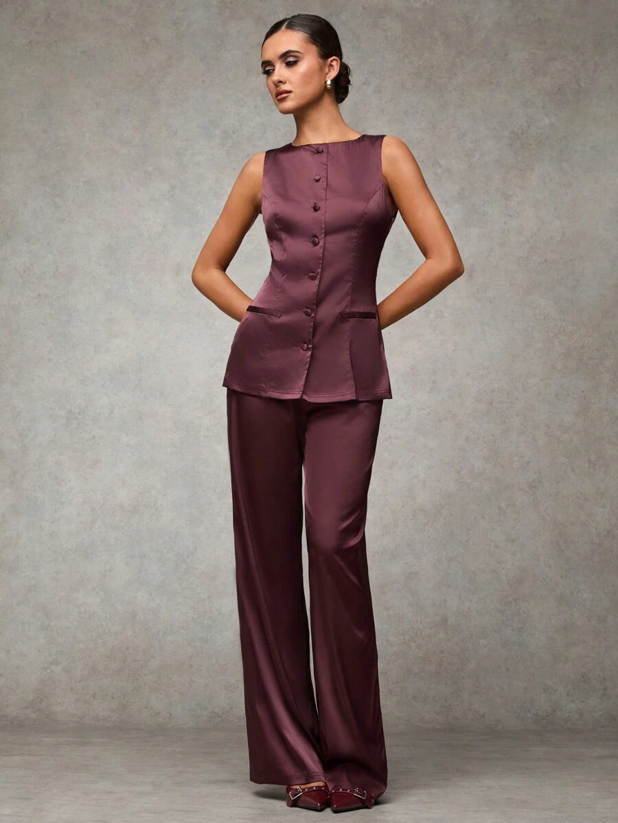 SHEIN BAE Women Chestnut & Burgundy Plain Front Button Sleeveless Casual Top & Pants Set