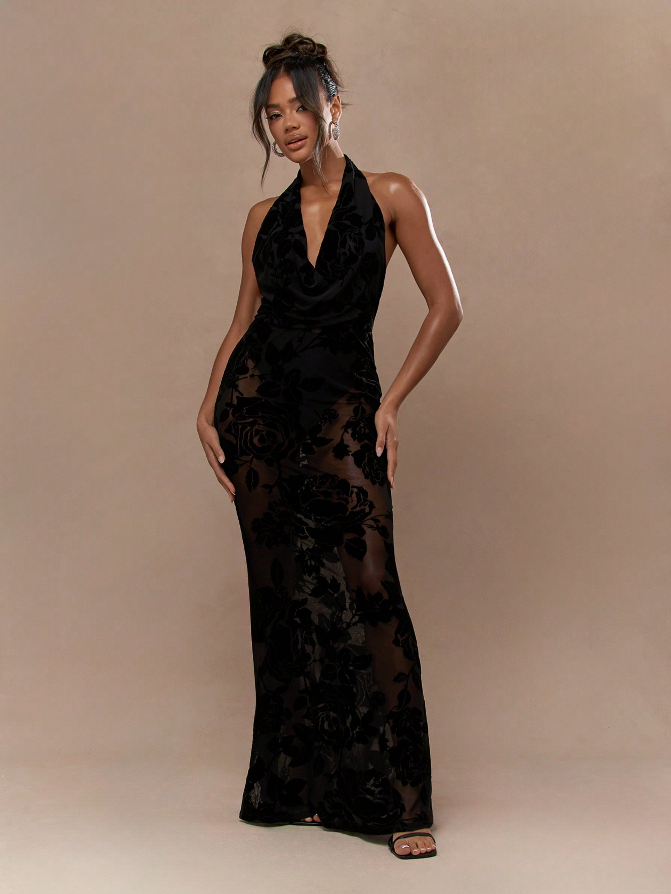 Sheer Velvet Lace Cowl Halter Neck Backless Flare Hem Maxi