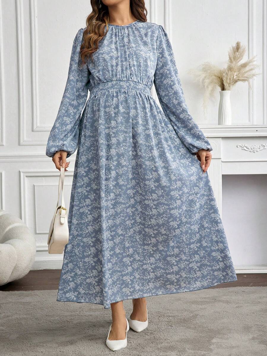 SHEIN Maternity Floral Print Round Neck Lantern Sleeve Long Elegant Dress, Spring & Autumn