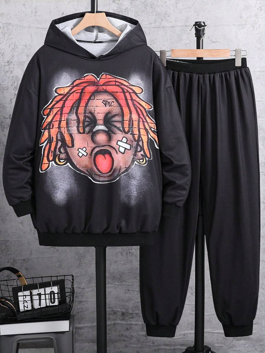 Set de 2 piezas de sudadera con capucha y pantalones casuales con estampado a cuadros cómodos para adolescentes