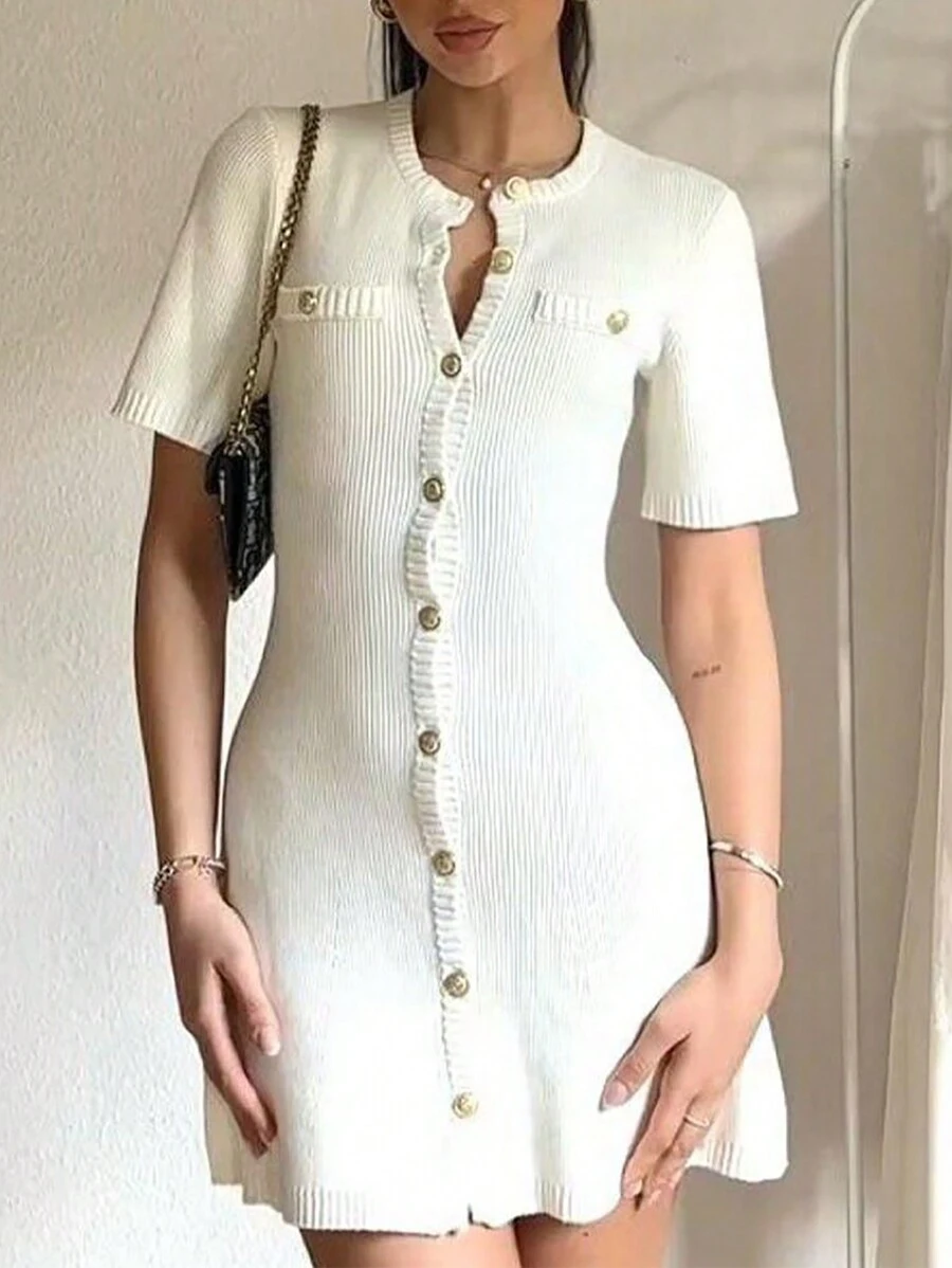 INAWLY Women's Solid Color Front Button Short Sleeve Faux Pocket Minimalist Casual Mini Dress