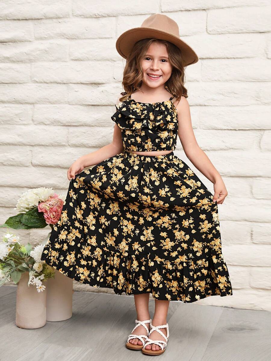SHEIN Chica Joven Top De Tirantes Con Estampado Floral & Falda Con Dobladillo Con Volantes
