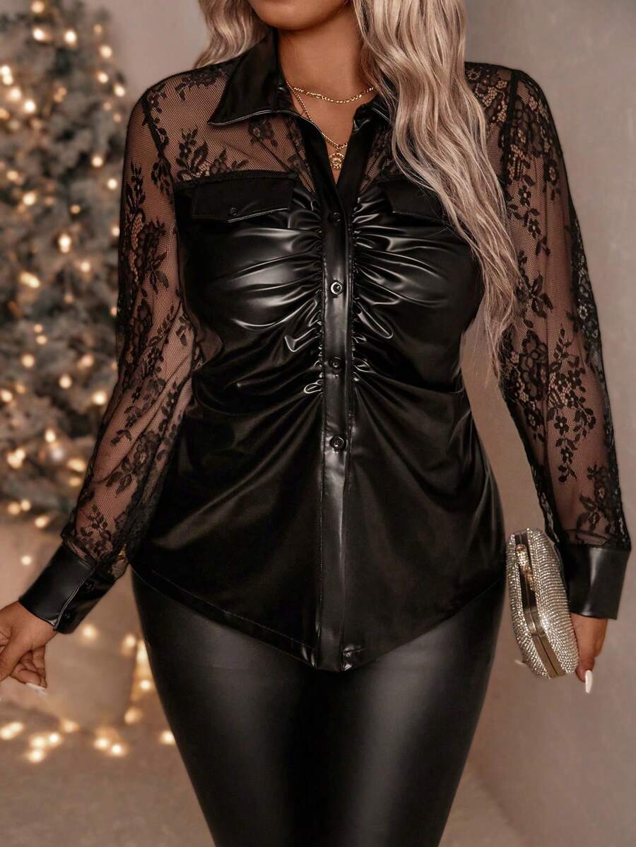 SHEIN Clasi Plus Size Women's Solid Color Lace Patchwork Long Sleeve Blouse Party Shirt For Women