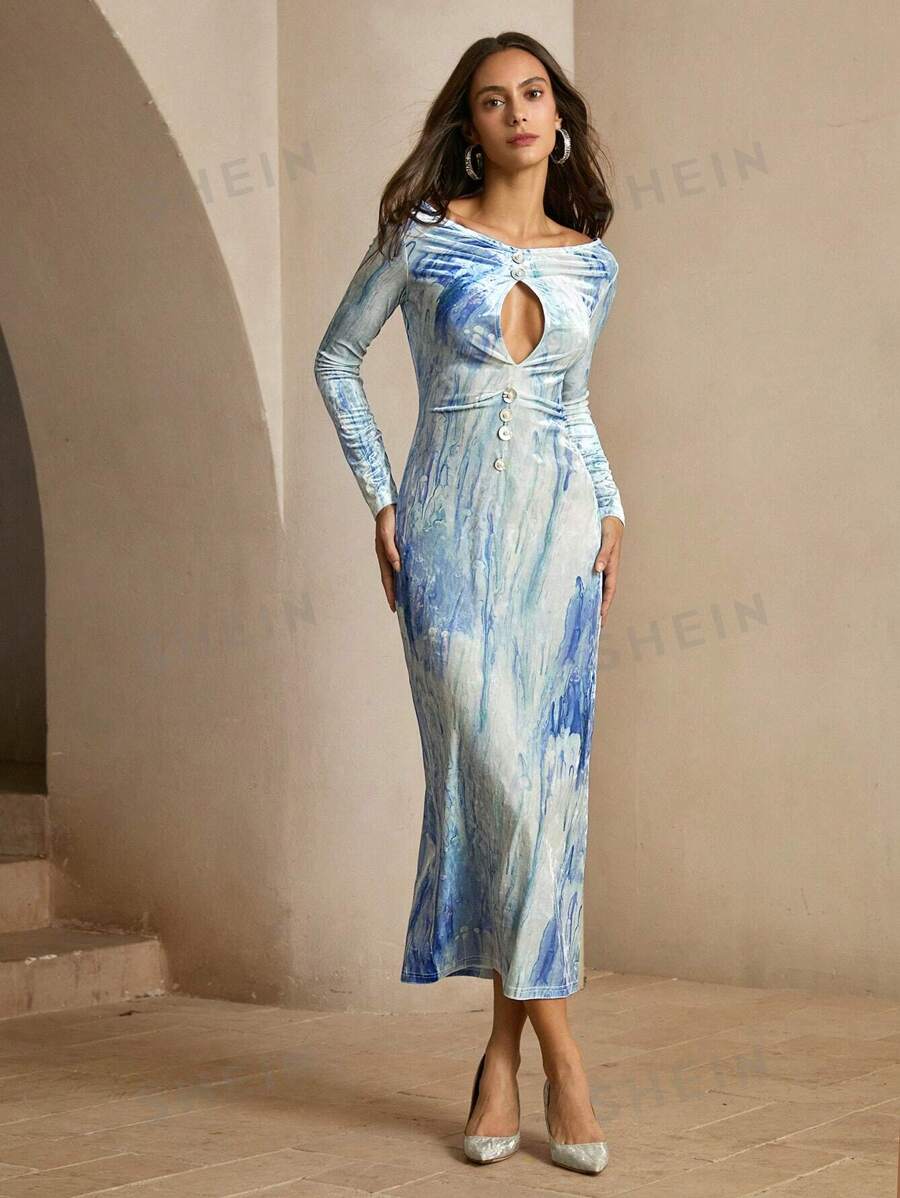 Anewsta Vestido corto ajustado de vacaciones con estampado de teñido anudado y hombros descubiertos sexy