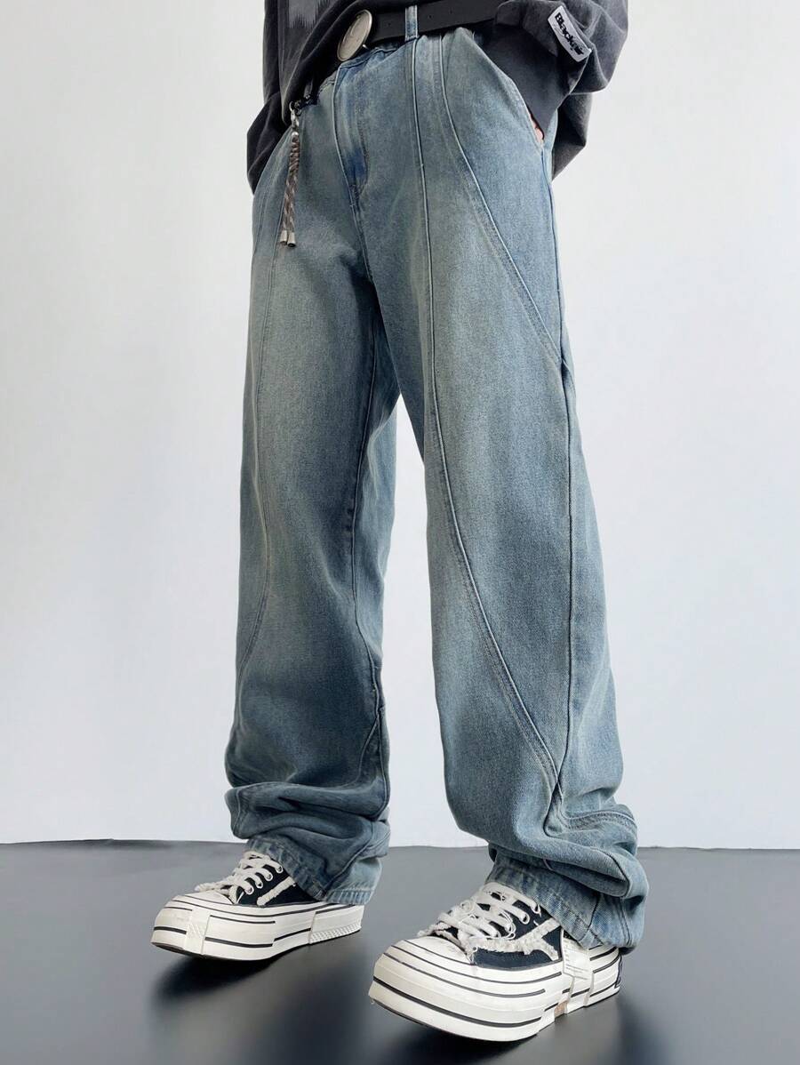 Manfinity EMRG Y2K Retro Streetwear Men's Faded Dark Blue Distressed Flare Leg Jeans With Unique Stitching Design