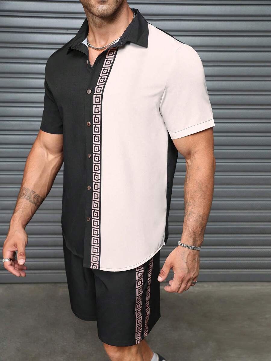 Manfinity Homme 2pcs Men's Geometric Print Contrast Color Short Sleeve Shirt And Shorts Casual Suit, Summer