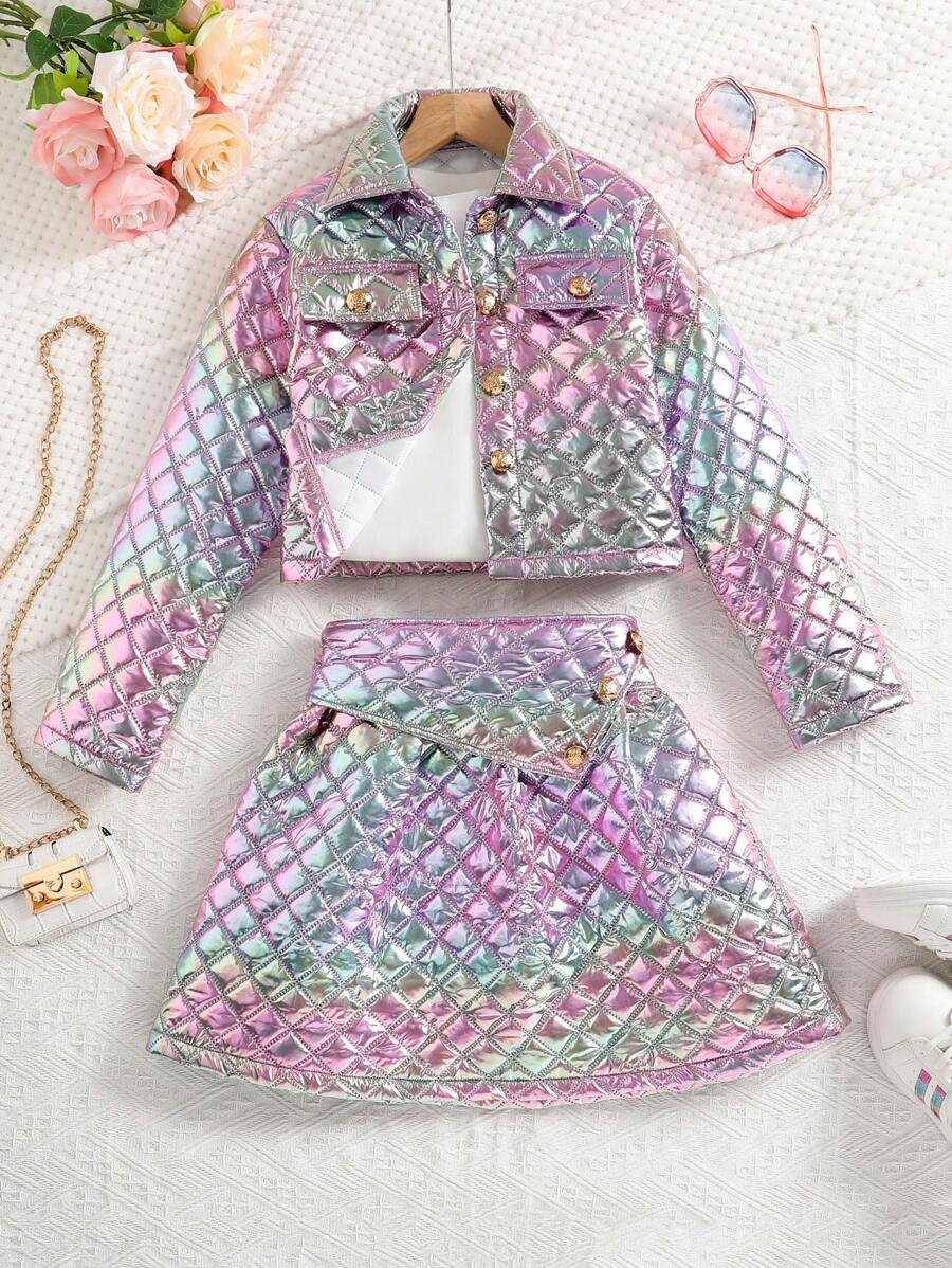 2pcs/Set Tween Girl Gradient Europe & America Style Fashion Jacket & Mini Skirt Set, Autumn/Winter