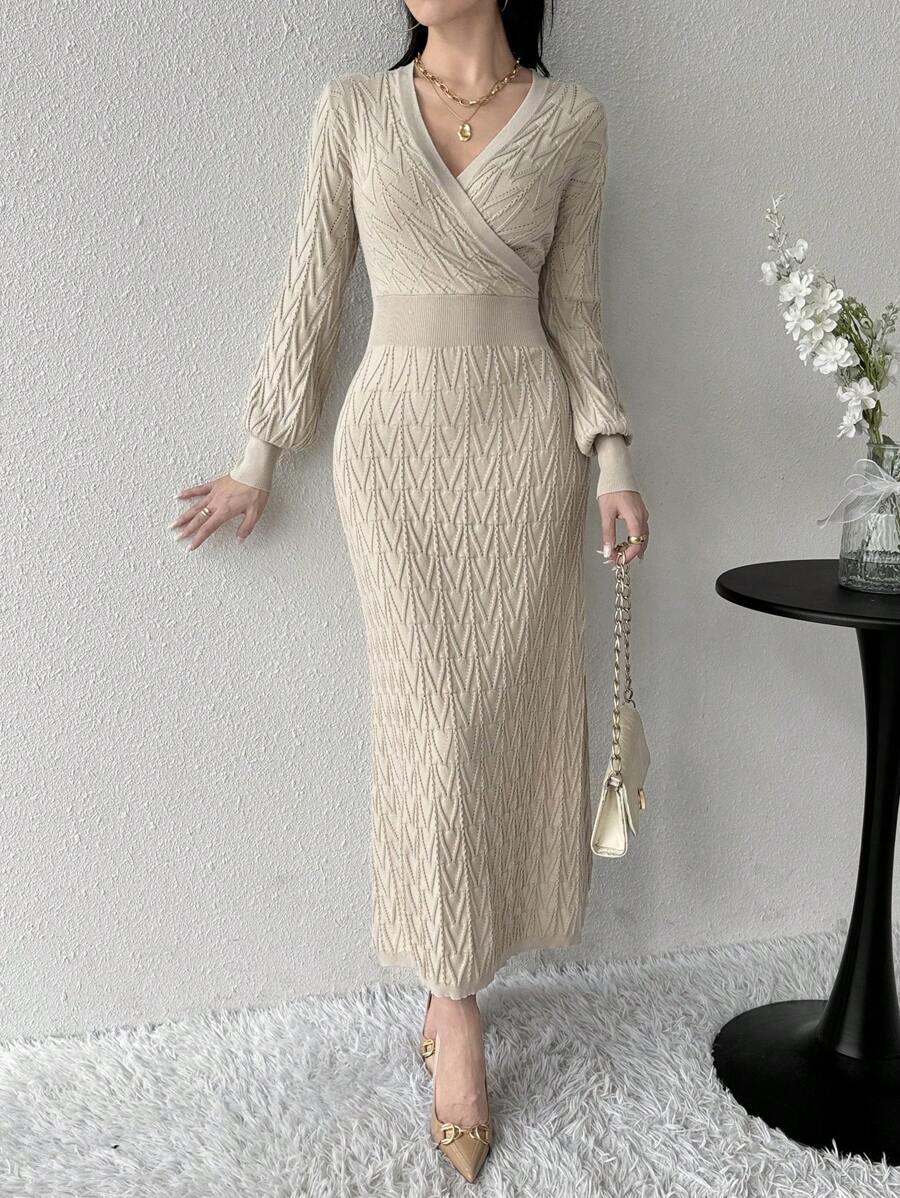 Modelyn Women's Solid Color V-Neck Wrap Around Long Sleeve Sweater Dress