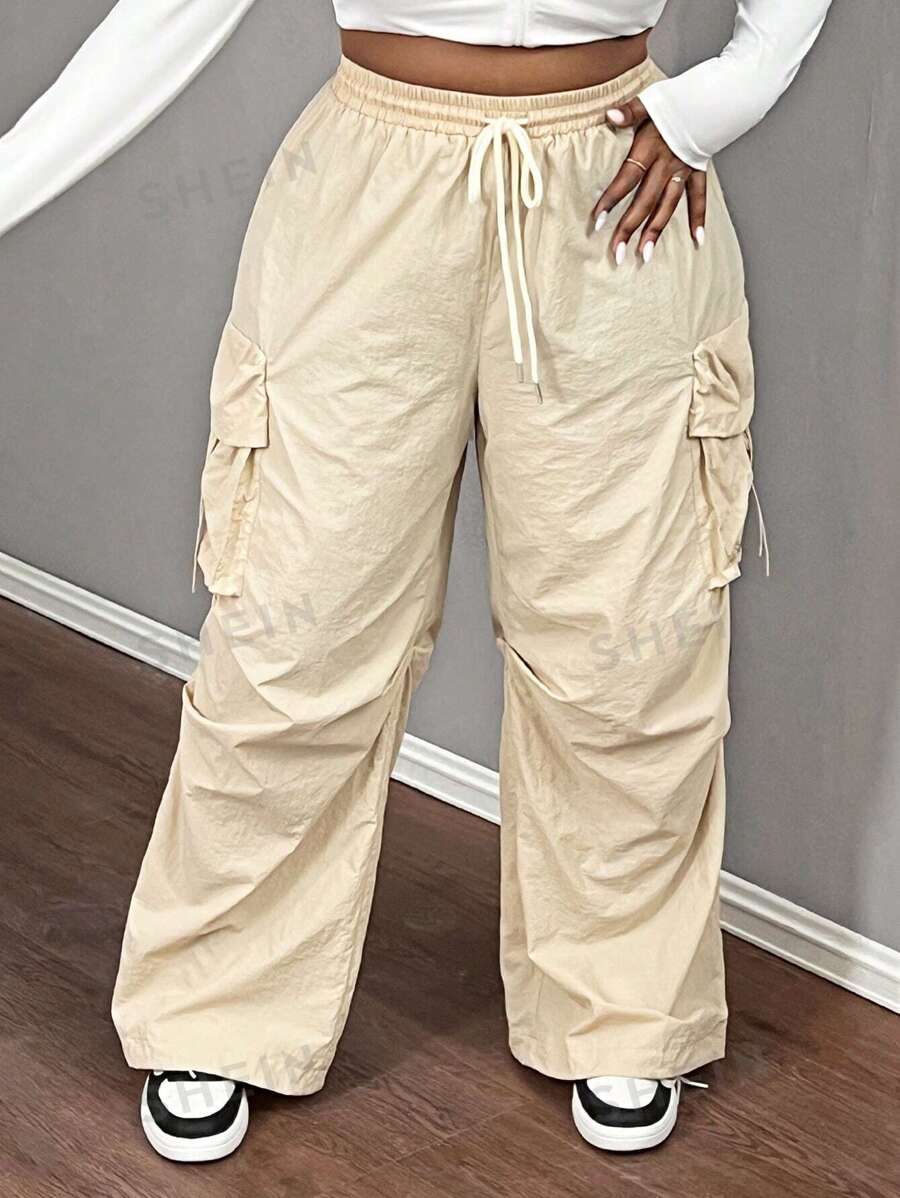 Slaydiva Pantalones cargo de talla grande con cintura alta, de uso casual, con bolsillo, color albaricoque