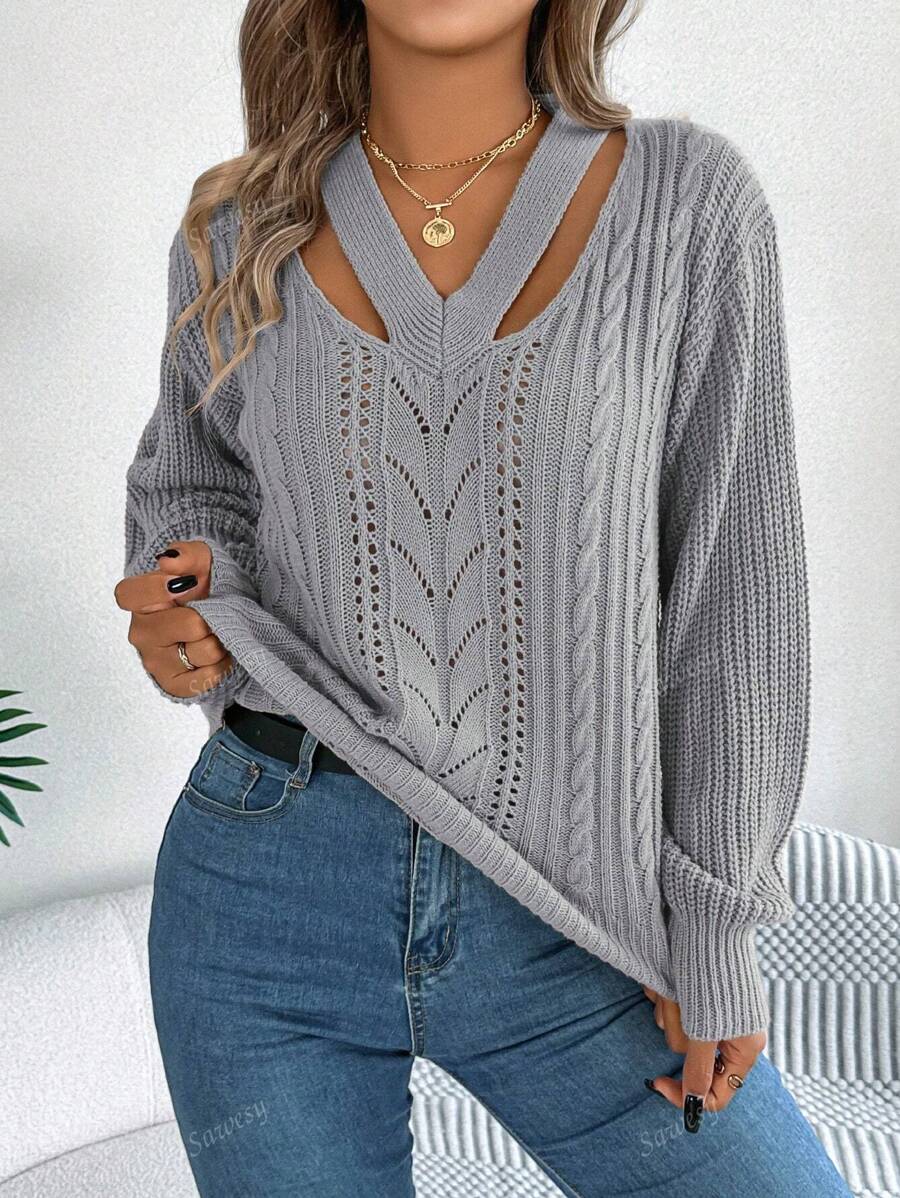 Autumn/Winter Casual Sexy V-Neck Hollow Out Cable Knit Lantern Sleeve Sweater