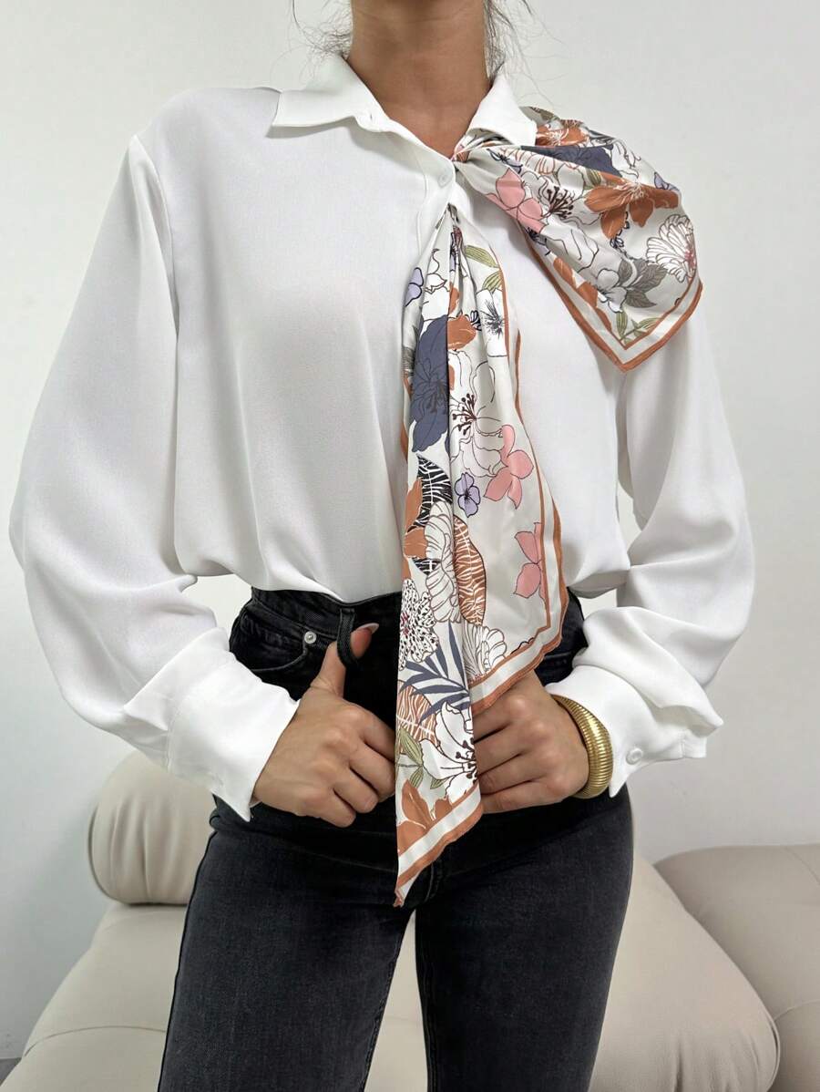 SHEIN Privé Women's Silk Scarf Print Decorative Tie Elegant Slim Fit White Blouse