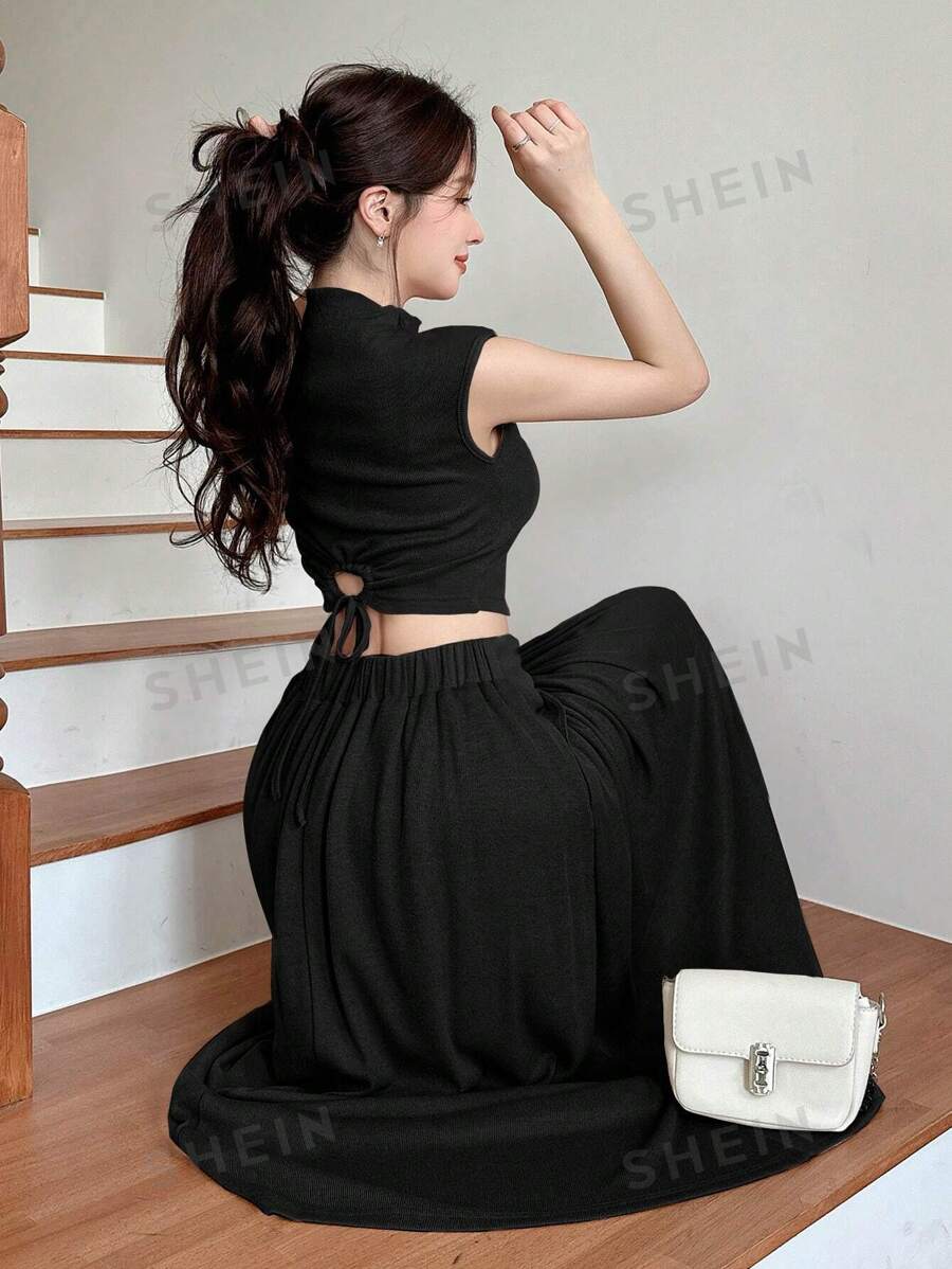 DAZY Set de 2 piezas de top de tirantes de punto de unicolor y falda de verano para mujer