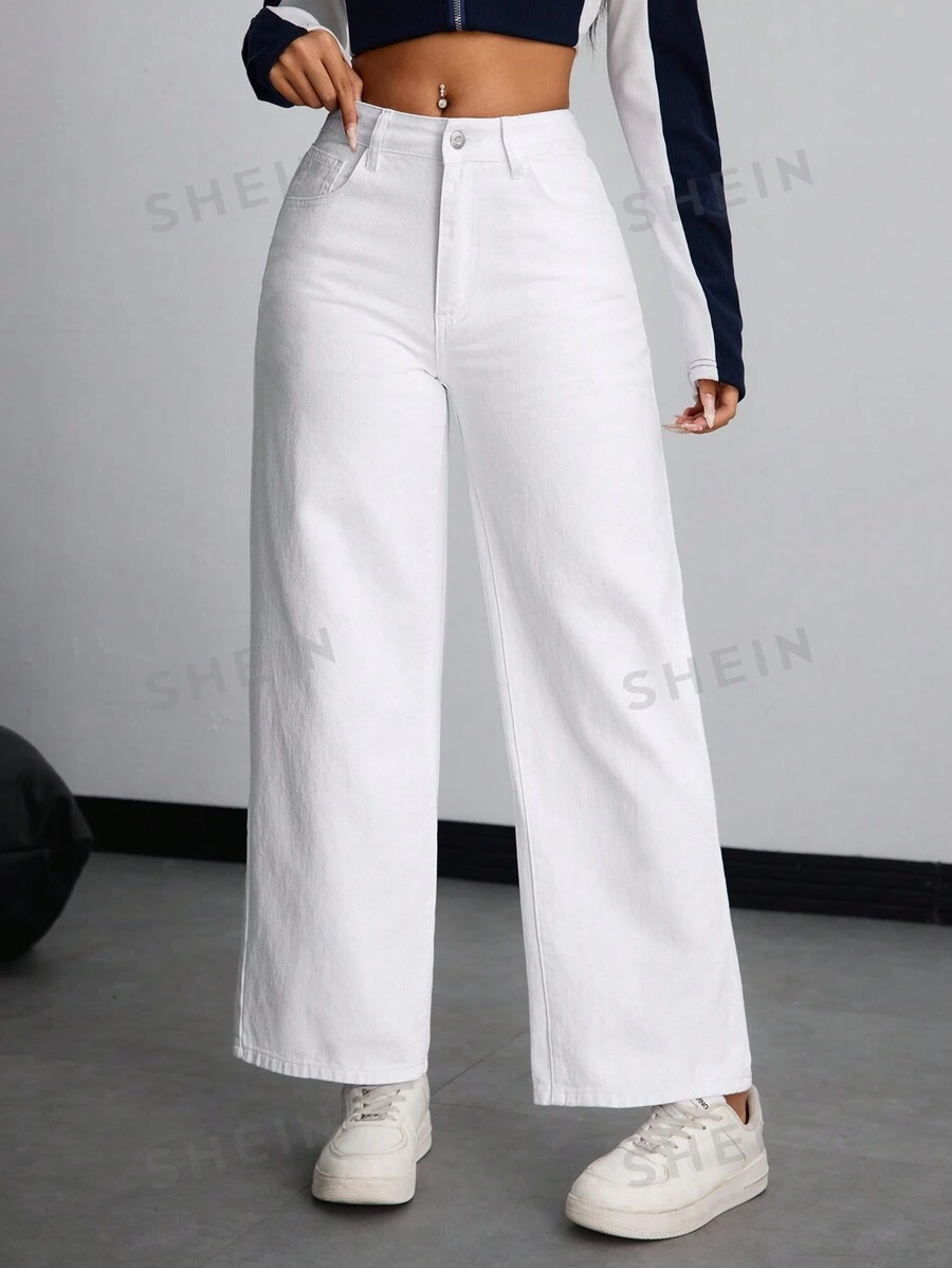 SHEIN PETITE Jeans casuales versátiles, sueltos y de pierna ancha con bolsillos para mujeres